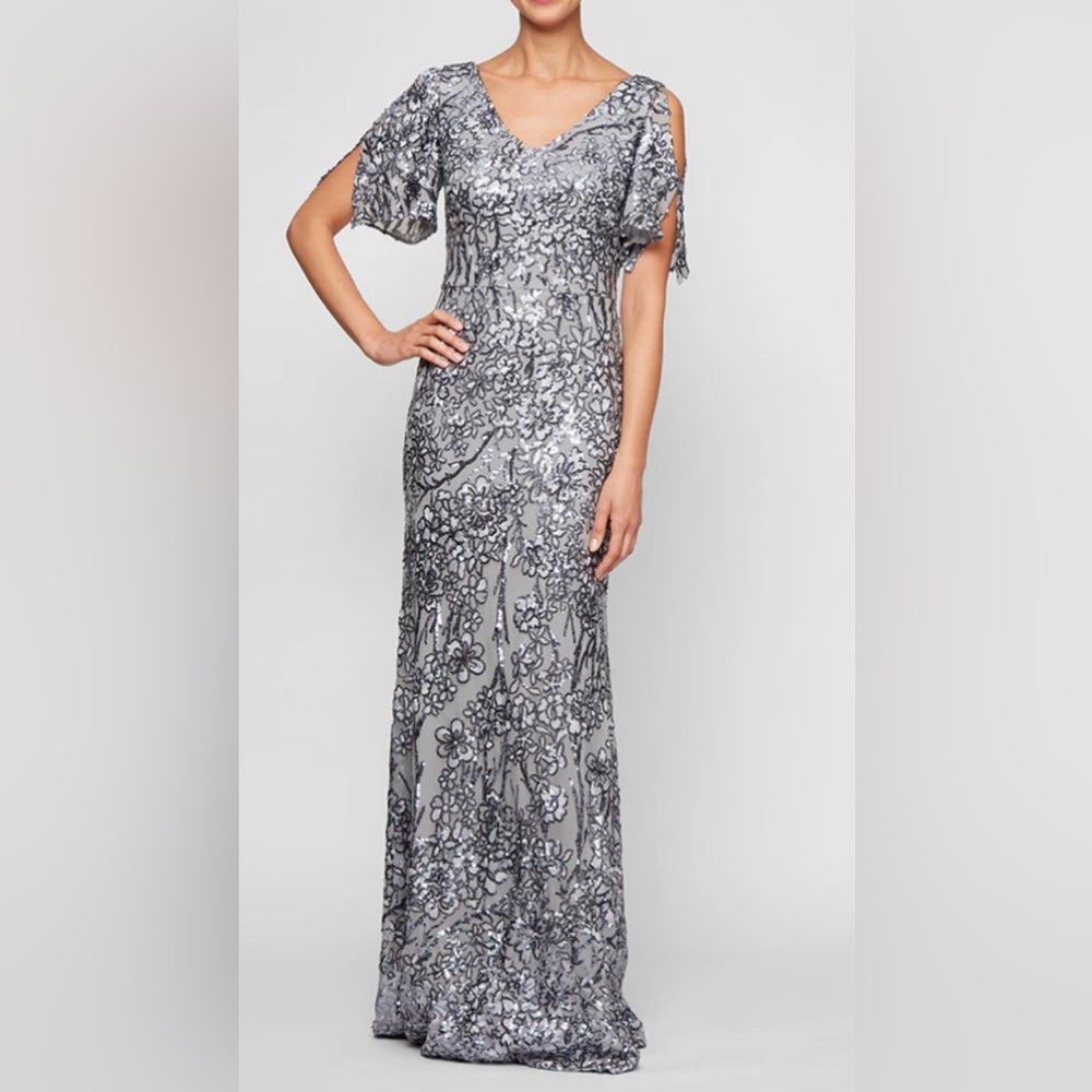 Alex Evenings Caroline Long V-Neck Sequin Dress w/Cold Shoulder Flutter Sleeve